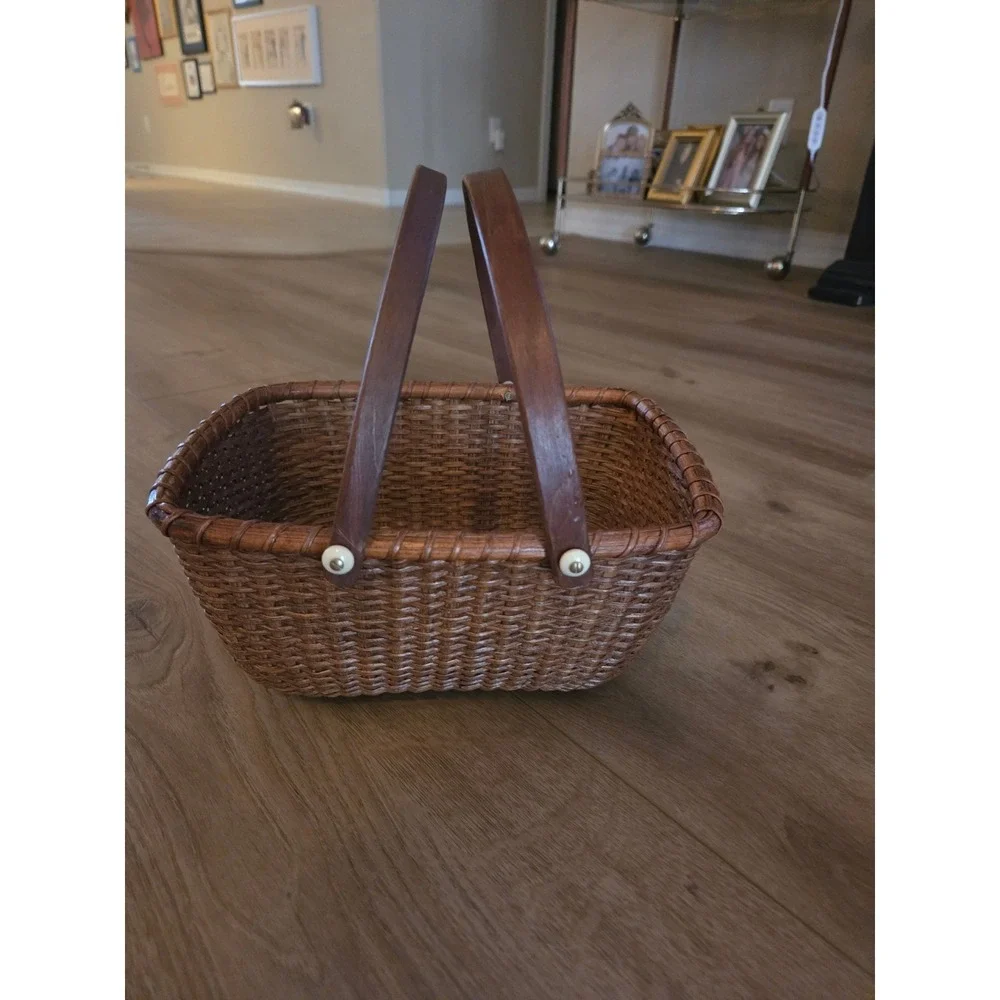 Vintage Nantucket Lightship Basket Oval ‎ Double Handle Dark Brown Woven